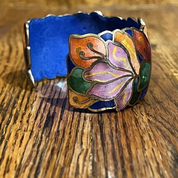 Vintage Signed David Kuo Champleve Enamel Cuff Bracelet Cloisonné Butterfly - Picture 4 of 16